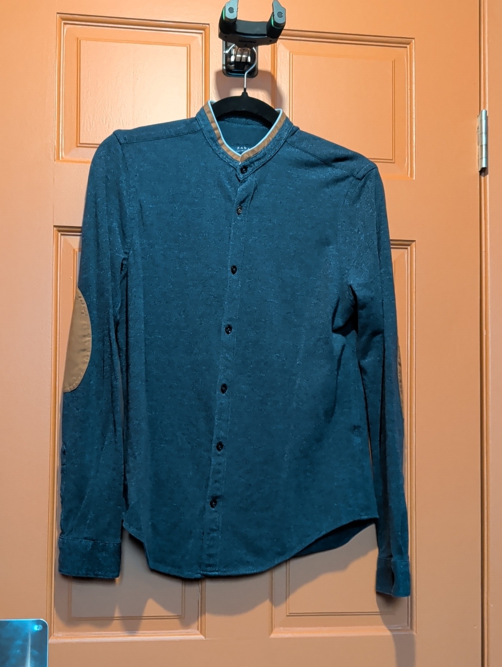 Zara Navy Blue Long-Sleeve Button-Down Shirt with Tan Elbow Patches